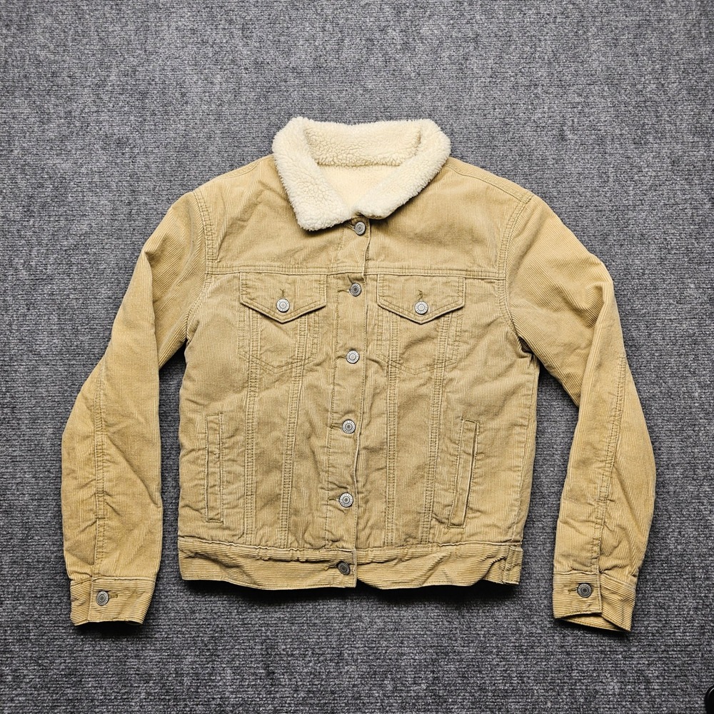 Tan Corduroy Sherpa Lined Trucker Jacket Faux Shearling Collar Tan S